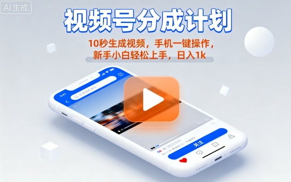 视频号分成计划懒人玩法，10秒生成视频，手机一键操作，新手小白轻松上手，日入1K【揭秘】汇创网-网创项目_汇创网_中创网_福缘网_冒泡网_网创项目平台汇创网