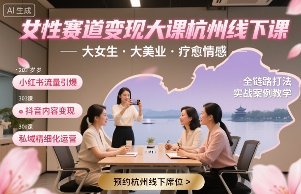 女性赛道变现大课杭州线下，大女生，大美业，疗愈情感，一套小红书、抖音、私域全链路打法汇创网-网创项目_汇创网_中创网_福缘网_冒泡网_网创项目平台汇创网