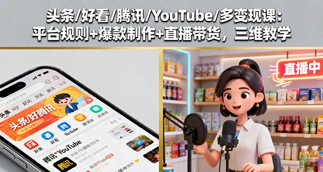 （16147期）头条/好看/腾讯/YouTube/多变现课：平台规则+爆款制作+直播带货，三维教学汇创网-网创项目_汇创网_中创网_福缘网_冒泡网_网创项目平台汇创网