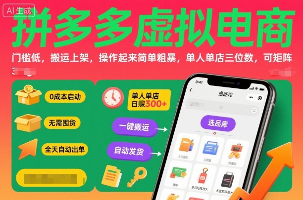 拼多多虚拟电商,门槛低,搬运上架,操作起来简单粗暴,单人单店三位数,可矩阵汇创网-网创项目_汇创网_中创网_福缘网_冒泡网_网创项目平台汇创网