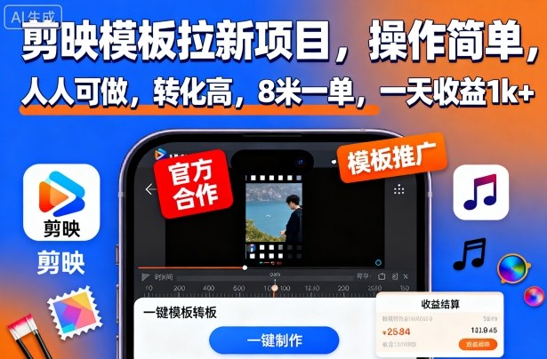剪映模板拉新项目，操作简单，人人可做，转化高，8米一单，一天收益1k+汇创网-网创项目_汇创网_中创网_福缘网_冒泡网_网创项目平台汇创网