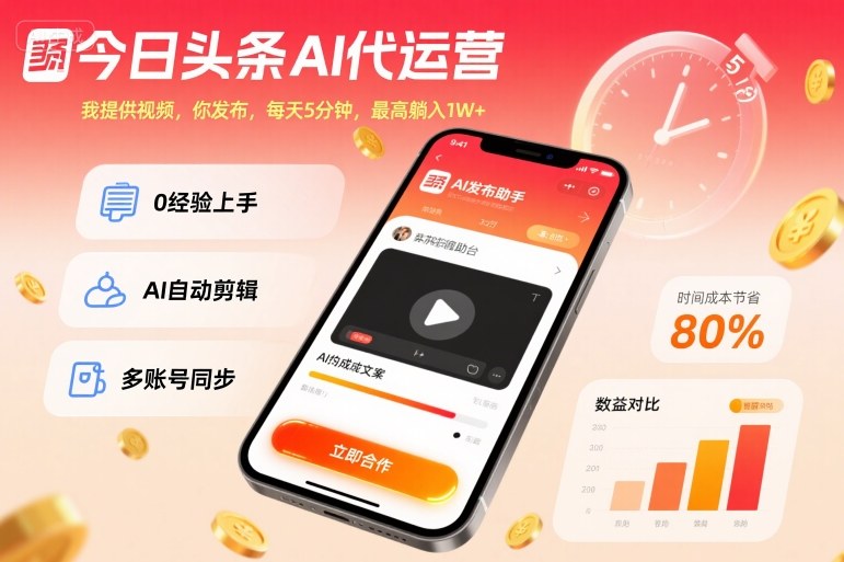 今日头条AI代运营，我提供视频，你发布，每天5分钟，最高躺入1W+【揭秘】汇创网-网创项目_汇创网_中创网_福缘网_冒泡网_网创项目平台汇创网