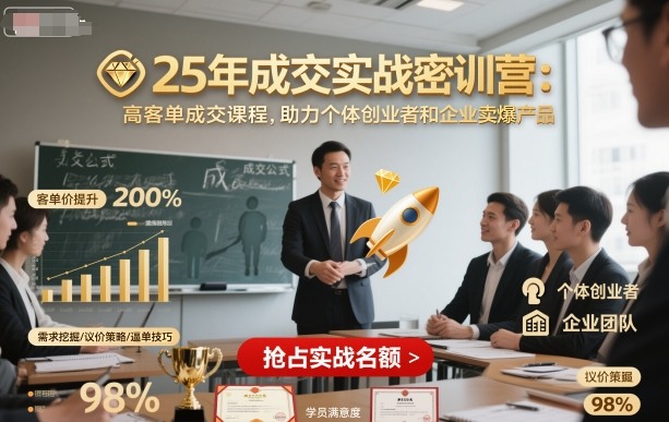 25年成交实战密训营，高客单成交课程，助力个体创业者和企业卖爆产品汇创网-网创项目_汇创网_中创网_福缘网_冒泡网_网创项目平台汇创网