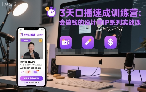 3天口播速成训练营，会搞钱的设计师IP系列实战课汇创网-网创项目_汇创网_中创网_福缘网_冒泡网_网创项目平台汇创网