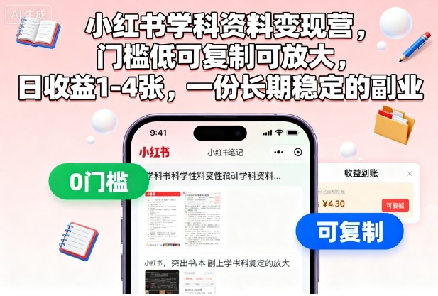 小红书学科资料变现营，门槛低可复制可放大，日收益1-4张，一份长期稳定的副业汇创网-网创项目_汇创网_中创网_福缘网_冒泡网_网创项目平台汇创网