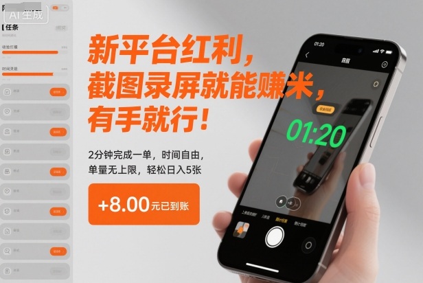 新平台红利，截图录屏就能賺米，有手就行！2分钟完成一单，时间自由，单量无上限，轻松日入5张【揭秘】汇创网-网创项目_汇创网_中创网_福缘网_冒泡网_网创项目平台汇创网