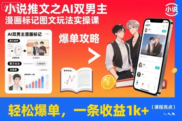 小说推文之AI双男主漫画标记图文玩法实操课，轻松爆单，一条收益1k+汇创网-网创项目_汇创网_中创网_福缘网_冒泡网_网创项目平台汇创网
