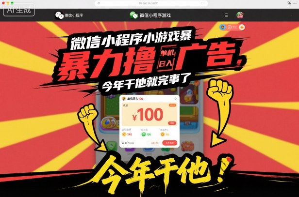 微信小程序小游戏暴力撸广告，单机日入100，今年干他就完事了汇创网-网创项目_汇创网_中创网_福缘网_冒泡网_网创项目平台汇创网