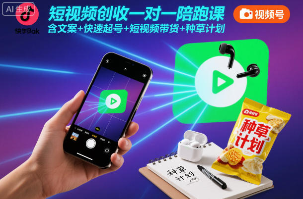 短视频创收一对一陪跑课，含文案+快速起号+短视频带货+种草计划汇创网-网创项目_汇创网_中创网_福缘网_冒泡网_网创项目平台汇创网