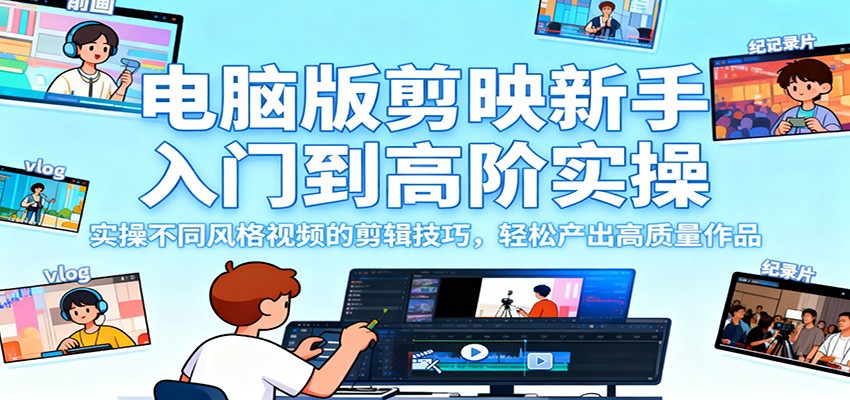 电脑版剪映新手入门到高阶实操，实操不同风格视频的剪辑技巧，轻松产出高质量作品汇创网-网创项目_汇创网_中创网_福缘网_冒泡网_网创项目平台汇创网