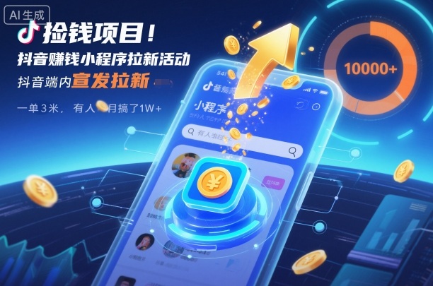 捡钱项目！抖音賺钱小程序拉新活动，抖音端内宣发拉新，一单3米，有人半个月搞了1W+汇创网-网创项目_汇创网_中创网_福缘网_冒泡网_网创项目平台汇创网