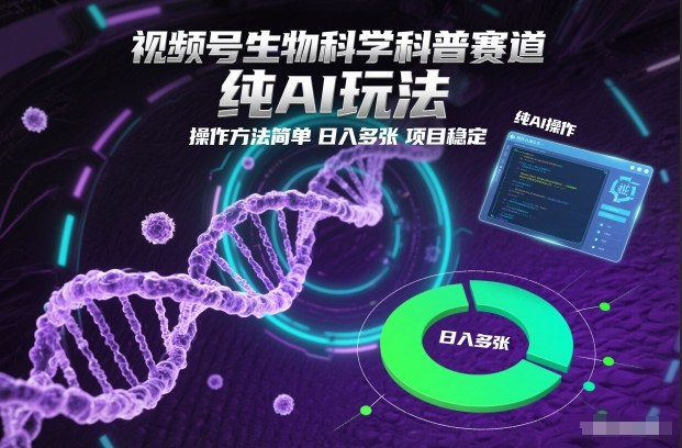 视频号生物科学科普赛道，纯AI玩法，操作方法简单，日入多张，项目稳定汇创网-网创项目_汇创网_中创网_福缘网_冒泡网_网创项目平台汇创网