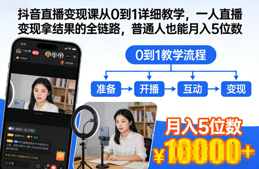 抖音直播变现课从0到1详细教学，一人直播变现拿结果的全链路，普通人也能月入5位数汇创网-网创项目_汇创网_中创网_福缘网_冒泡网_网创项目平台汇创网