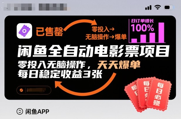 闲鱼全自动电影票项目，零投入无脑操作，天天爆单，每日稳定收益3张【揭秘】汇创网-网创项目_汇创网_中创网_福缘网_冒泡网_网创项目平台汇创网