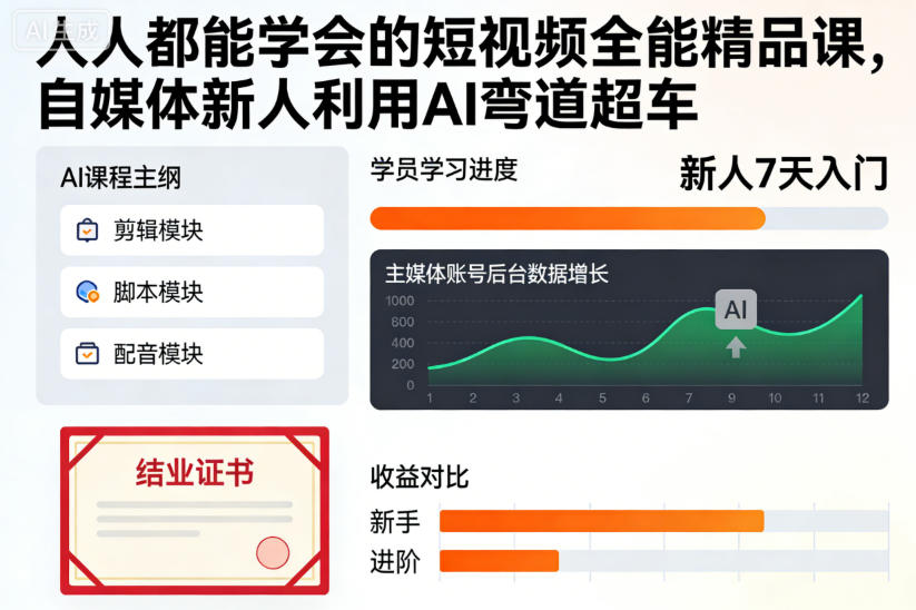 人人都能学会的短视频全能精品课，自媒体新人利用AI弯道超车汇创网-网创项目_汇创网_中创网_福缘网_冒泡网_网创项目平台汇创网