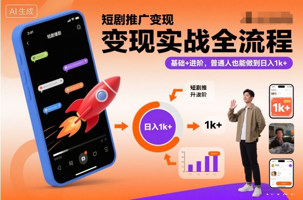 短剧推广变现实战全流程，基础+进阶，普通人也能做到日入1k+汇创网-网创项目_汇创网_中创网_福缘网_冒泡网_网创项目平台汇创网