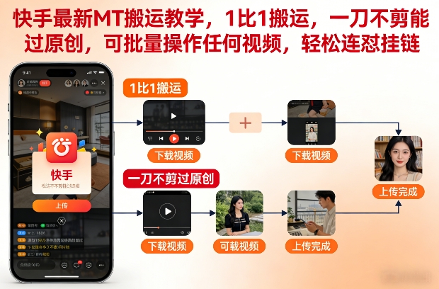 快手最新MT搬运教学，1比1搬运，一刀不剪能过原创，可批量操作任何视频，轻松连怼挂链汇创网-网创项目_汇创网_中创网_福缘网_冒泡网_网创项目平台汇创网
