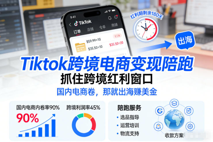 Tiktok跨境电商变现陪跑，抓住跨境红利窗口，国内电商卷，那就出海賺美金汇创网-网创项目_汇创网_中创网_福缘网_冒泡网_网创项目平台汇创网