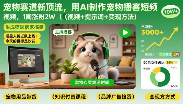 宠物赛道新顶流，用AI制作宠物播客短视频，1周涨粉2W（视频+提示词+变现方法）汇创网-网创项目_汇创网_中创网_福缘网_冒泡网_网创项目平台汇创网