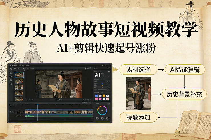 历史人物故事短视频教学，AI+剪辑制作历史人物题材短视频，快速起号涨粉汇创网-网创项目_汇创网_中创网_福缘网_冒泡网_网创项目平台汇创网