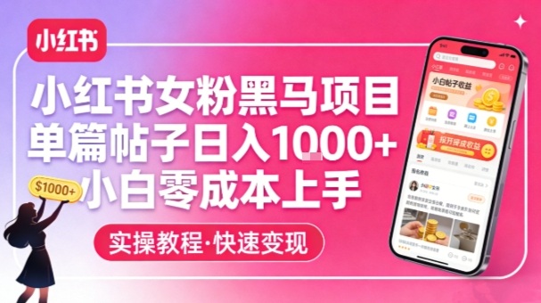 小红书女粉黑马项目，单篇帖子日入1k+，小白零成本上手汇创网-网创项目_汇创网_中创网_福缘网_冒泡网_网创项目平台汇创网