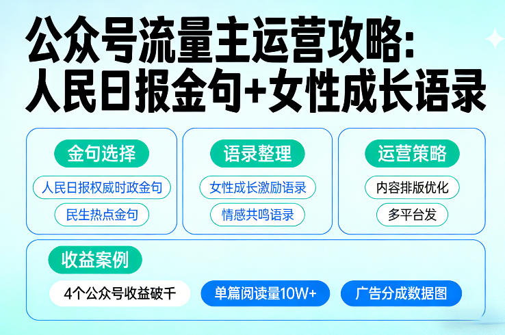 利用人民日报金句+女性成长语录做公众号流量主，4个公众号收益破千汇创网-网创项目_汇创网_中创网_福缘网_冒泡网_网创项目平台汇创网