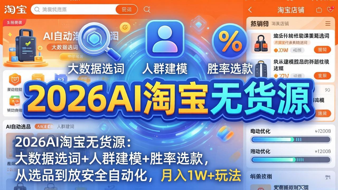 （18046期）2026AI淘宝无货源-4月更新：大数据选词+人群建模+胜率选款，从选品到放大全自动化，月入1W+玩法汇创网-网创项目_汇创网_中创网_福缘网_冒泡网_网创项目平台汇创网