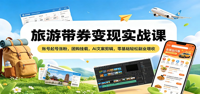 旅游带券变现实战课：账号起号涨粉，团购挂载，AI文案剪辑，零基础轻松副业增收汇创网-网创项目_汇创网_中创网_福缘网_冒泡网_网创项目平台汇创网