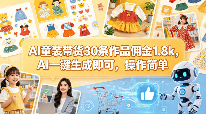 AI童装带货30条作品佣金1.8k，AI一键生成即可，操作简单汇创网-网创项目_汇创网_中创网_福缘网_冒泡网_网创项目平台汇创网