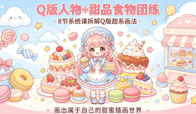 Q版人物+甜品食物团练，8节系统课拆解Q版甜系画法，画出属于自己的甜蜜插画世界汇创网-网创项目_汇创网_中创网_福缘网_冒泡网_网创项目平台汇创网