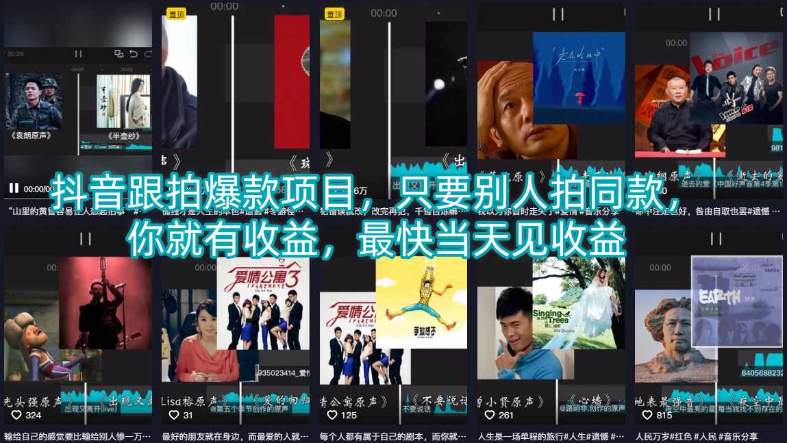 抖音跟拍爆款项目，只要别人拍同款，你就有收益，最快当天见收益汇创网-网创项目_汇创网_中创网_福缘网_冒泡网_网创项目平台汇创网