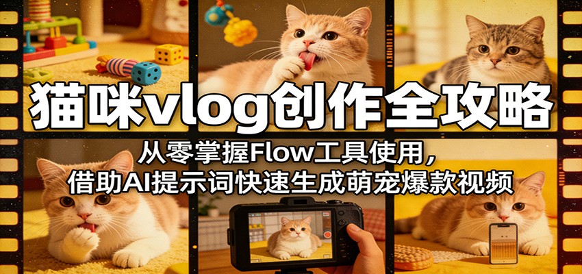 猫咪vlog创作全攻略：从零掌握Flow工具使用，借助AI提示词快速生成萌宠爆款视频汇创网-网创项目_汇创网_中创网_福缘网_冒泡网_网创项目平台汇创网