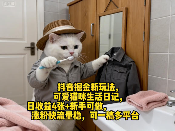 抖音掘金新玩法，可爱猫咪生活日记，日收益4张+新手可做，涨粉快流量稳，可一稿多平台汇创网-网创项目_汇创网_中创网_福缘网_冒泡网_网创项目平台汇创网