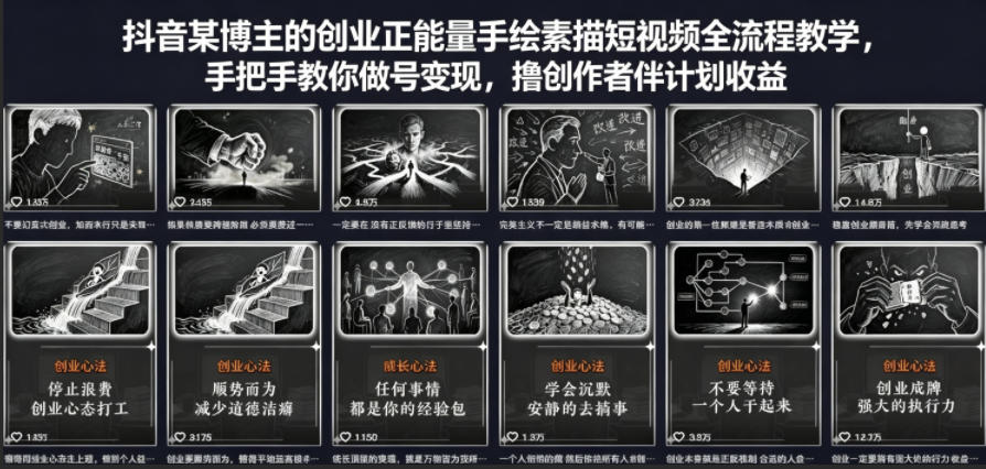 抖音某博主的创业正能量手绘素描短视频全流程教学，手把手教你做号变现，撸创作者伙伴计划收益汇创网-网创项目_汇创网_中创网_福缘网_冒泡网_网创项目平台汇创网