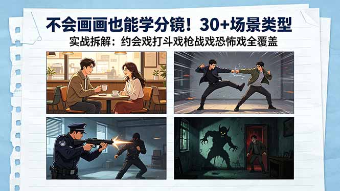 （18591期）不会画画也能学分镜！30+场景类型实战拆解：约会戏打斗戏枪战戏恐怖戏全覆盖汇创网-网创项目_汇创网_中创网_福缘网_冒泡网_网创项目平台汇创网