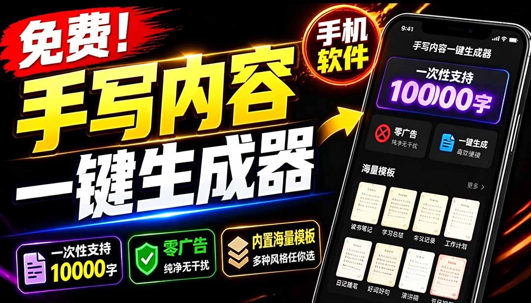 （18667期）超逼真手写字体一键生成器，纯免费离线运行，一次性支持10000字，零广告，内置海量模板汇创网-网创项目_汇创网_中创网_福缘网_冒泡网_网创项目平台汇创网