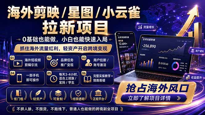 （18567期）海外剪映 / 星图 / 小云雀拉新项目 普通人也能上手的跨境流量变现副业汇创网-网创项目_汇创网_中创网_福缘网_冒泡网_网创项目平台汇创网