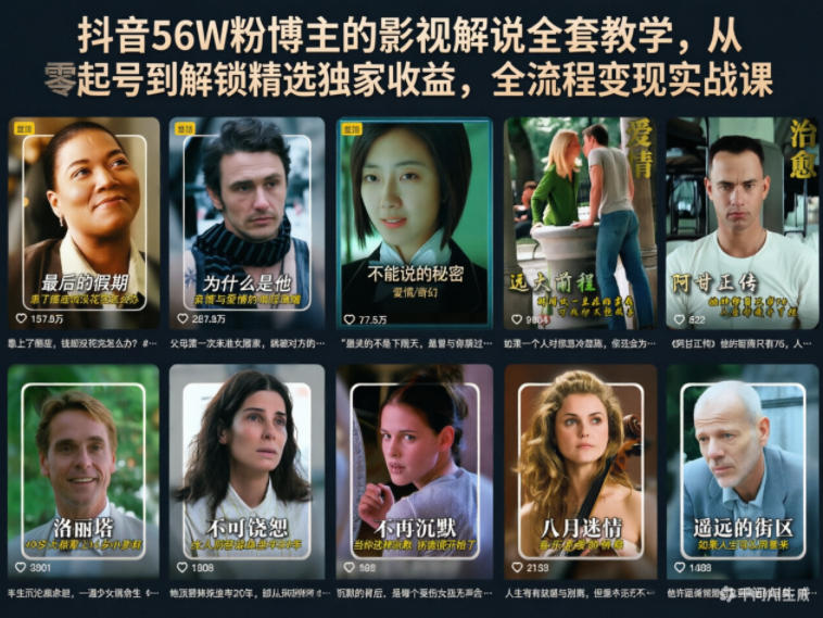 抖音56W粉博主的影视解说全套教学，从零起号到解锁精选独家收益，全流程变现实战课汇创网-网创项目_汇创网_中创网_福缘网_冒泡网_网创项目平台汇创网