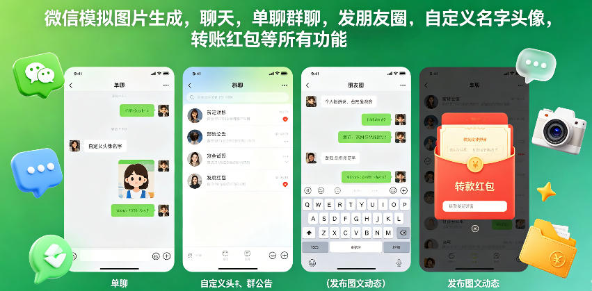微信模拟图片生成，聊天，单聊群聊，发朋友圈，自定义名字头像，转账红包等所有功能都可以生成汇创网-网创项目_汇创网_中创网_福缘网_冒泡网_网创项目平台汇创网