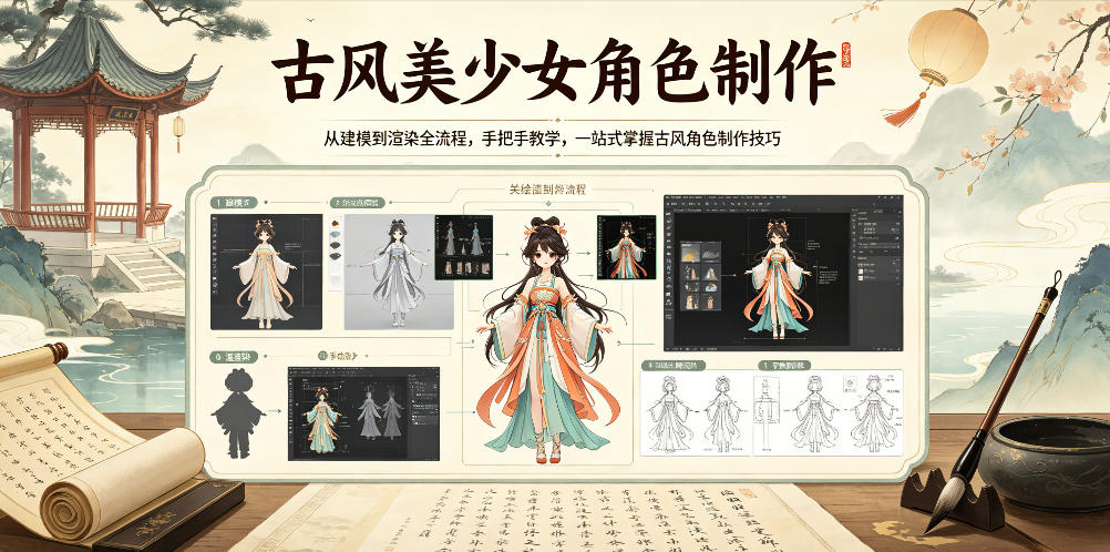 古风美少女角色制作，从建模到渲染全流程，手把手教学，一站式掌握古风角色制作技巧汇创网-网创项目_汇创网_中创网_福缘网_冒泡网_网创项目平台汇创网