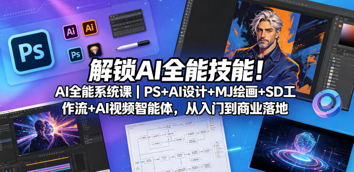 解锁AI全能技能！AI全能系统课｜PS+AI设计+MJ绘画+SD工作流+AI视频智能体，从入门到商业落地汇创网-网创项目_汇创网_中创网_福缘网_冒泡网_网创项目平台汇创网