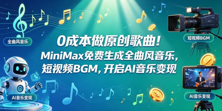 0成本做原创歌曲！MiniMax免费生成全曲风音乐，短视频BGM，开启AI音乐变现汇创网-网创项目_汇创网_中创网_福缘网_冒泡网_网创项目平台汇创网