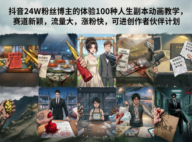抖音24W粉丝博主的体验100种人生副本动画教学，赛道新颖，流量大，涨粉快，可进创作者伙伴计划汇创网-网创项目_汇创网_中创网_福缘网_冒泡网_网创项目平台汇创网