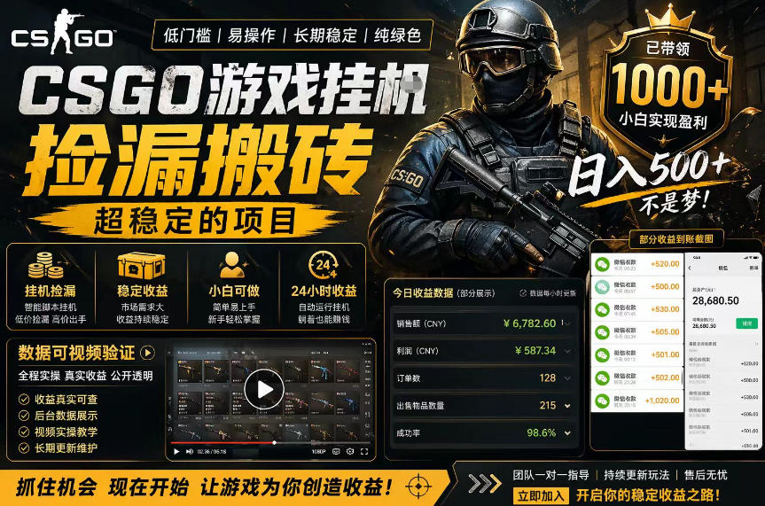 CSGO游戏搬砖，全自动挂G，不需要玩游戏，手机操作日入300+，解放双手【揭秘】汇创网-网创项目_汇创网_中创网_福缘网_冒泡网_网创项目平台汇创网
