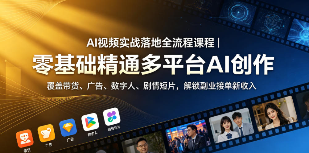 AI视频实战落地全流程课程｜零基础精通多平台AI创作，覆盖带货、广告、数字人、剧情短片，解锁副业接单新收入汇创网-网创项目_汇创网_中创网_福缘网_冒泡网_网创项目平台汇创网