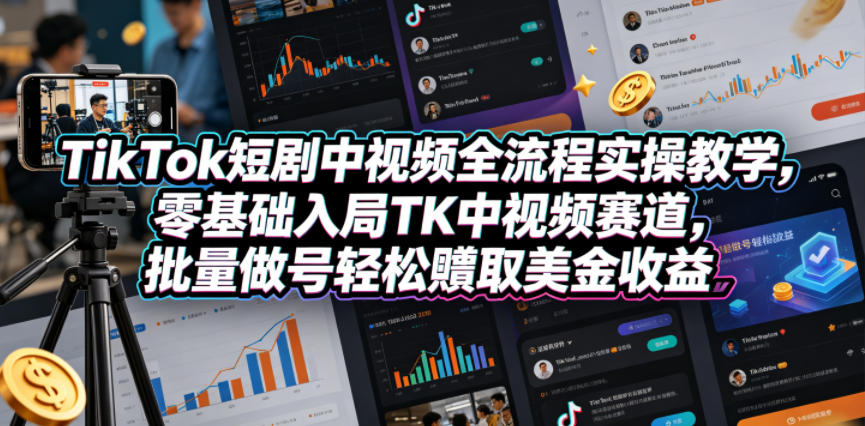 TikTok短剧中视频全流程实操教学，零基础入局TK中视频赛道，批量做号轻松賺取美金收益汇创网-网创项目_汇创网_中创网_福缘网_冒泡网_网创项目平台汇创网