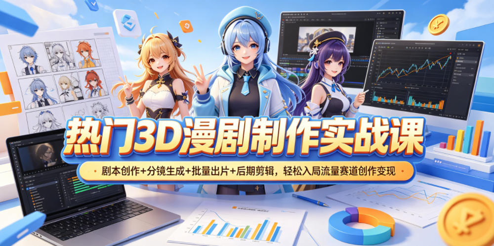 热门3D漫剧制作实战课，剧本创作+分镜生成+批量出片+后期剪辑，轻松入局流量赛道创作变现汇创网-网创项目_汇创网_中创网_福缘网_冒泡网_网创项目平台汇创网