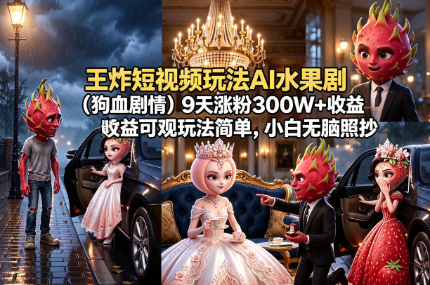 王炸短视频玩法AI水果剧（狗血剧情）9天涨粉300W+收益可观玩法简单，小白无脑照抄，详细拆解玩法汇创网-网创项目_汇创网_中创网_福缘网_冒泡网_网创项目平台汇创网