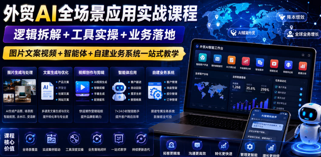 外贸AI全场景应用实战课程｜逻辑拆解+工具实操+业务落地，图片文案视频+智能体+自建业务系统一站式教学汇创网-网创项目_汇创网_中创网_福缘网_冒泡网_网创项目平台汇创网