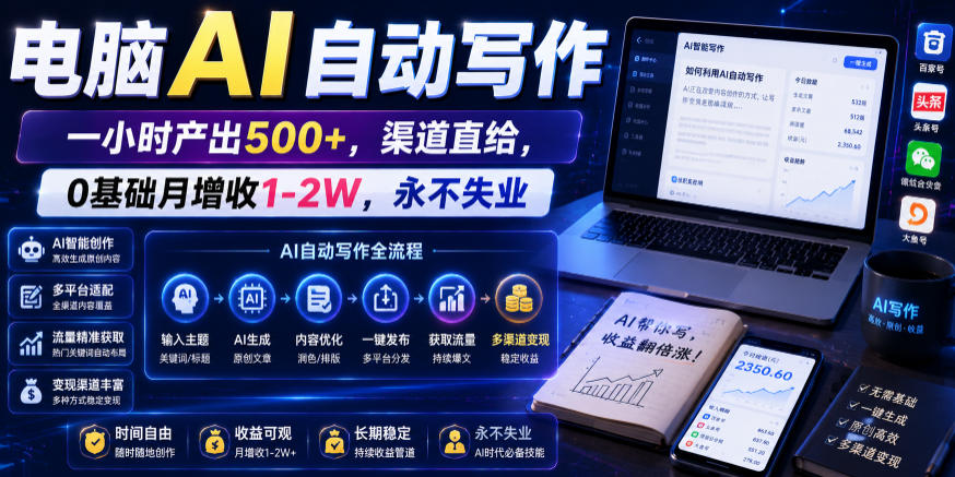 电脑AI自动写作，一小时产出500+，渠道直给，0基础月增收1-2W，永不失业【揭秘】汇创网-网创项目_汇创网_中创网_福缘网_冒泡网_网创项目平台汇创网